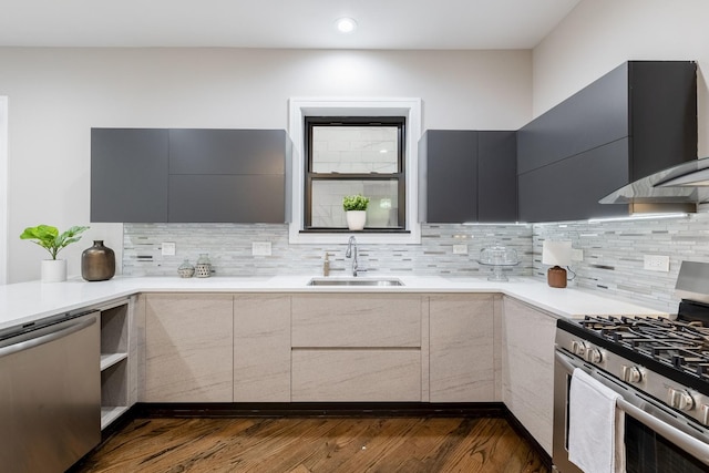 kitchen with tasteful backsplash, appliances with stainless steel finishes, sink, and wall chimney range hood