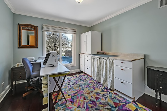 office space with dark wood-style floors, visible vents, ornamental molding, and baseboards