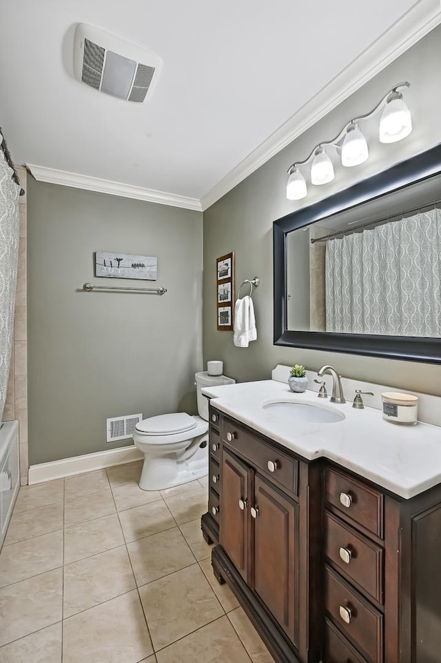 bathroom with visible vents, crown molding, vanity, and tile patterned floors