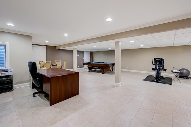 office with ornamental molding, recessed lighting, and baseboards