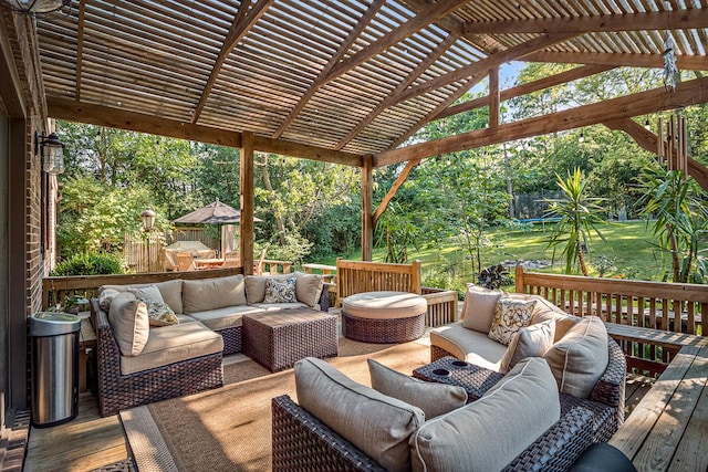 wooden deck featuring a pergola, a trampoline, and outdoor lounge area