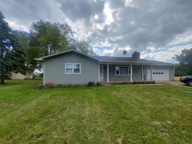 38W715 Huntley Rd, West Dundee, IL 60118 - ranch-style home featuring a chimney, an attached garage, a porch, board and batten siding, and a front lawn