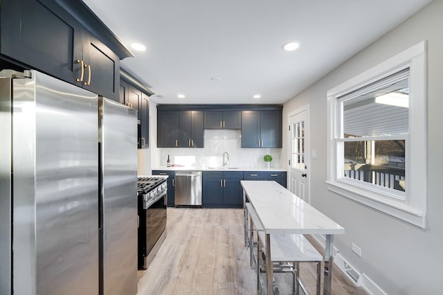 kitchen with light wood-type flooring, decorative backsplash, sink, and stainless steel appliances