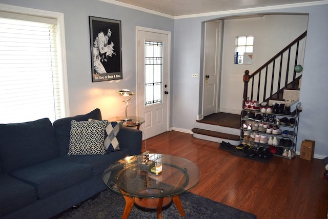 living room with dark hardwood / wood-style floors and ornamental molding