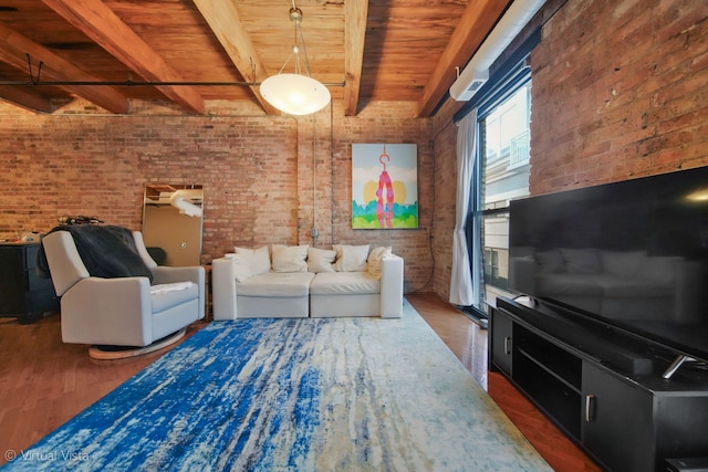 living room with wood ceiling, brick wall, dark hardwood / wood-style flooring, and beamed ceiling