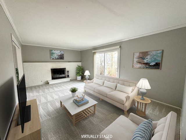 carpeted living area featuring a brick fireplace and ornamental molding