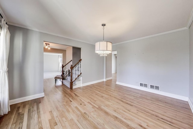 unfurnished dining area featuring stairs, light wood-style floors, baseboards, and a chandelier