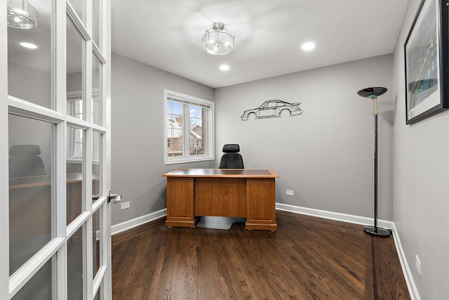 office space featuring dark wood-type flooring