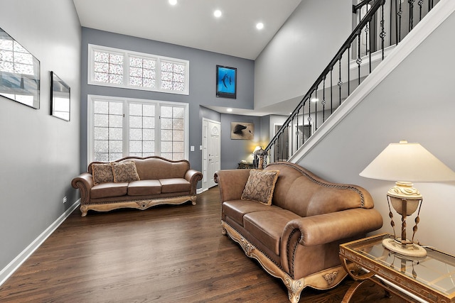 living room featuring dark hardwood / wood-style flooring and a high ceiling