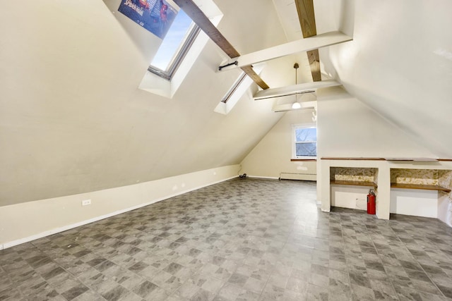 bonus room with baseboard heating and vaulted ceiling with beams