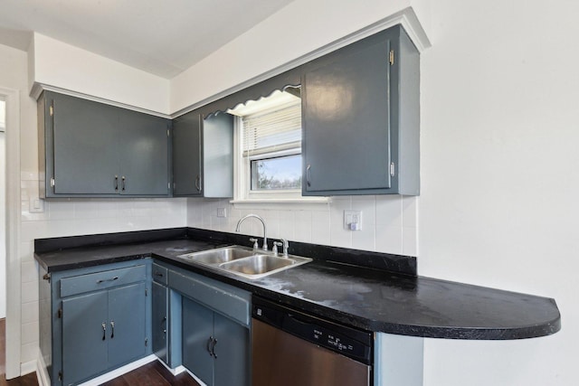 kitchen featuring dark countertops, dishwasher, backsplash, and a sink