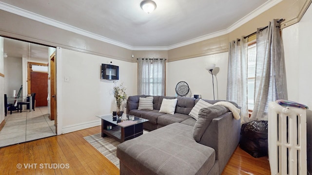 living room featuring hardwood / wood-style flooring, ornamental molding, and radiator heating unit