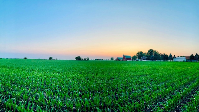 yard at dusk featuring a rural view