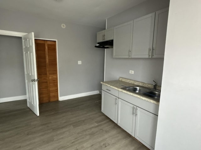 kitchen with sink, hardwood / wood-style flooring, and white cabinetry