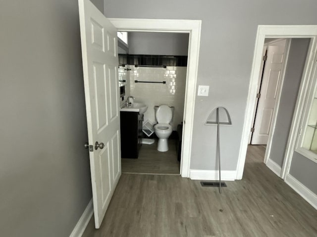 interior space featuring wood-type flooring, toilet, a shower, and vanity