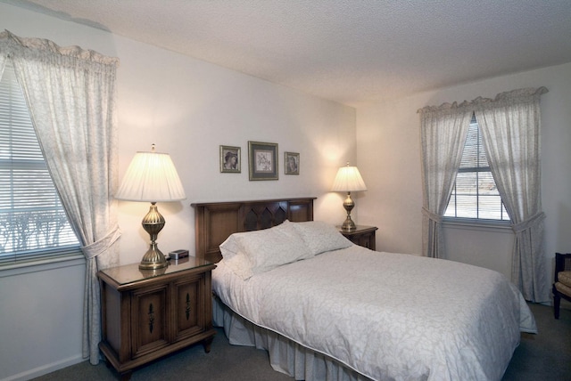 bedroom with carpet flooring and a textured ceiling