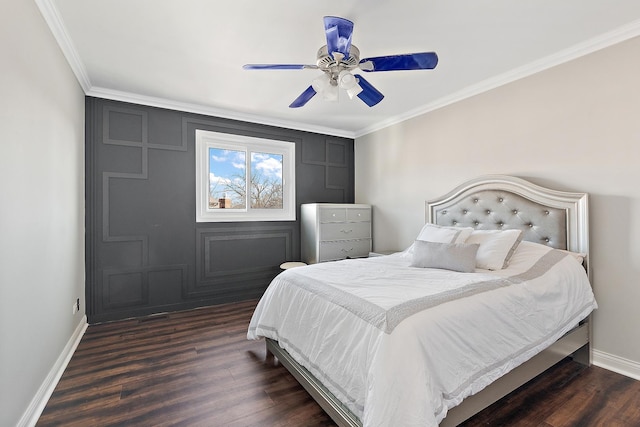 bedroom with ceiling fan, dark wood-type flooring, and ornamental molding