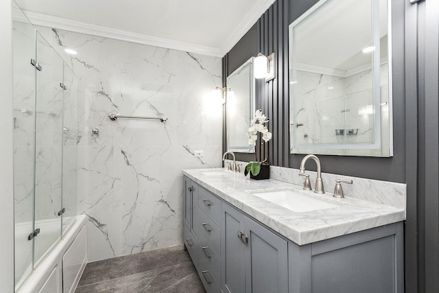 bathroom with enclosed tub / shower combo, vanity, ornamental molding, and tile patterned flooring