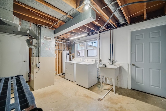 laundry area with sink, electric panel, water heater, and washing machine and clothes dryer