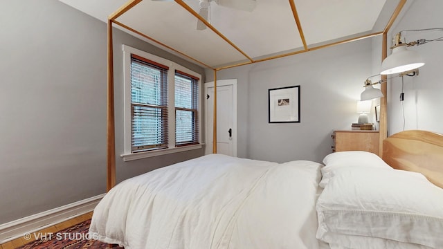 bedroom featuring ceiling fan and wood-type flooring