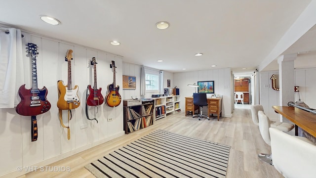 office area with light hardwood / wood-style flooring