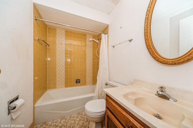 full bathroom with shower / bath combo with shower curtain, tile patterned floors, toilet, and vanity