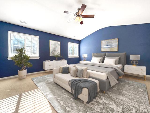 bedroom with ceiling fan and lofted ceiling