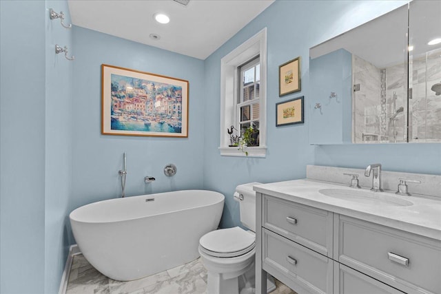 full bathroom featuring toilet, vanity, and independent shower and bath