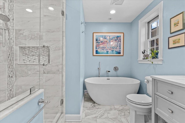 full bathroom featuring toilet, vanity, and independent shower and bath