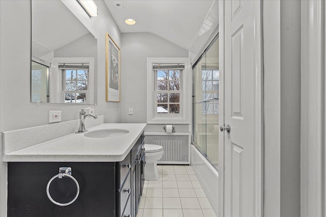 full bathroom featuring enclosed tub / shower combo, lofted ceiling, tile patterned floors, vanity, and toilet