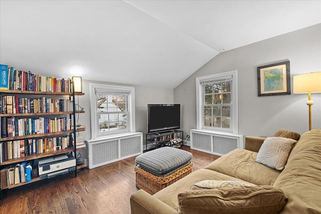 living room with dark hardwood / wood-style floors, radiator heating unit, and lofted ceiling