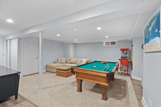 recreation room featuring hardwood / wood-style flooring and billiards