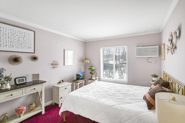 carpeted bedroom with a wall mounted air conditioner and ornamental molding