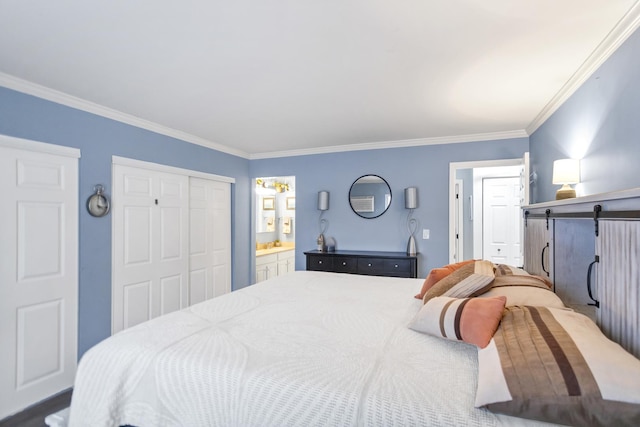 bedroom with crown molding and connected bathroom