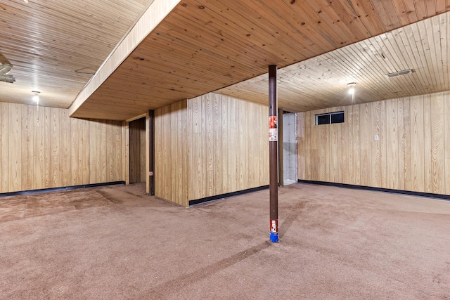 basement with wooden ceiling, carpet, and wood walls