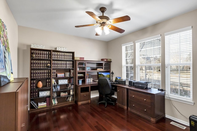 office area with ceiling fan, a healthy amount of sunlight, and dark hardwood / wood-style flooring