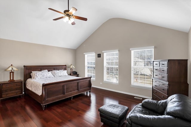 bedroom featuring vaulted ceiling, ceiling fan, and dark hardwood / wood-style flooring