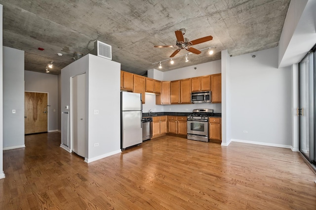 kitchen with light wood-type flooring, ceiling fan, stainless steel appliances, and sink