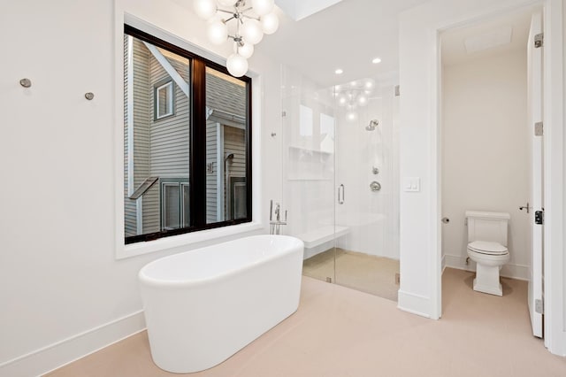 bathroom with tile patterned flooring, toilet, a notable chandelier, and shower with separate bathtub