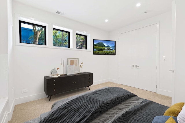 carpeted bedroom with a closet