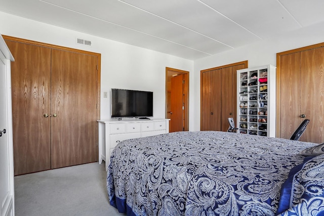 carpeted bedroom featuring multiple closets