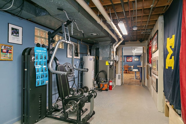 basement with heating unit and water heater