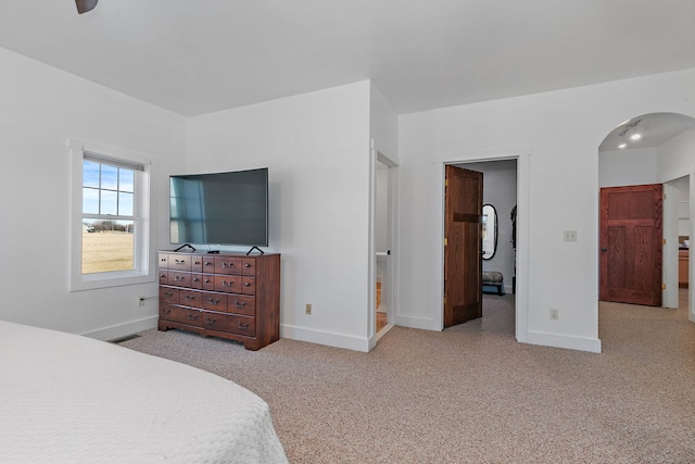 bedroom featuring light colored carpet, a spacious closet, and ensuite bath