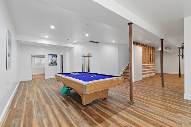 recreation room with billiards and hardwood / wood-style floors