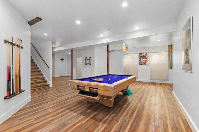 game room with pool table and wood-type flooring