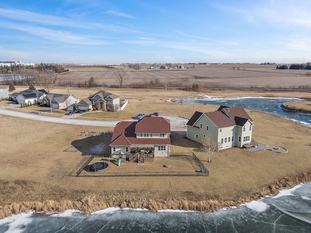 aerial view featuring a water view and a rural view