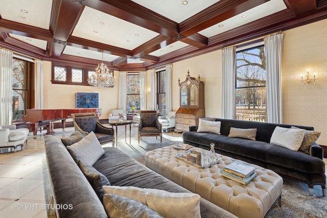 915 N Dearborn St, Chicago, IL 60610 - living room featuring a chandelier, beam ceiling, coffered ceiling, and light tile patterned flooring