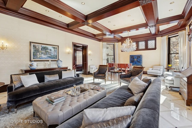 915 N Dearborn St, Chicago, IL 60610 - living room with a notable chandelier, crown molding, beam ceiling, and coffered ceiling