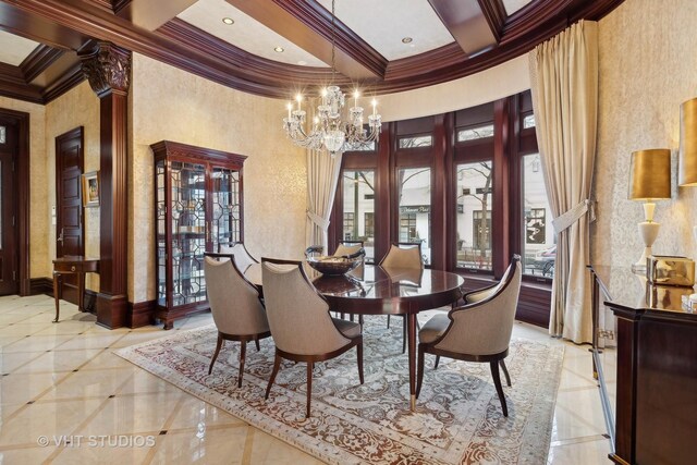 915 N Dearborn St, Chicago, IL 60610 - dining area with baseboards, an inviting chandelier, ornamental molding, beamed ceiling, and recessed lighting