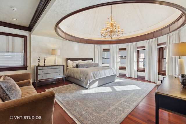 915 N Dearborn St, Chicago, IL 60610 - bedroom featuring a chandelier, dark wood-style floors, and ornamental molding
